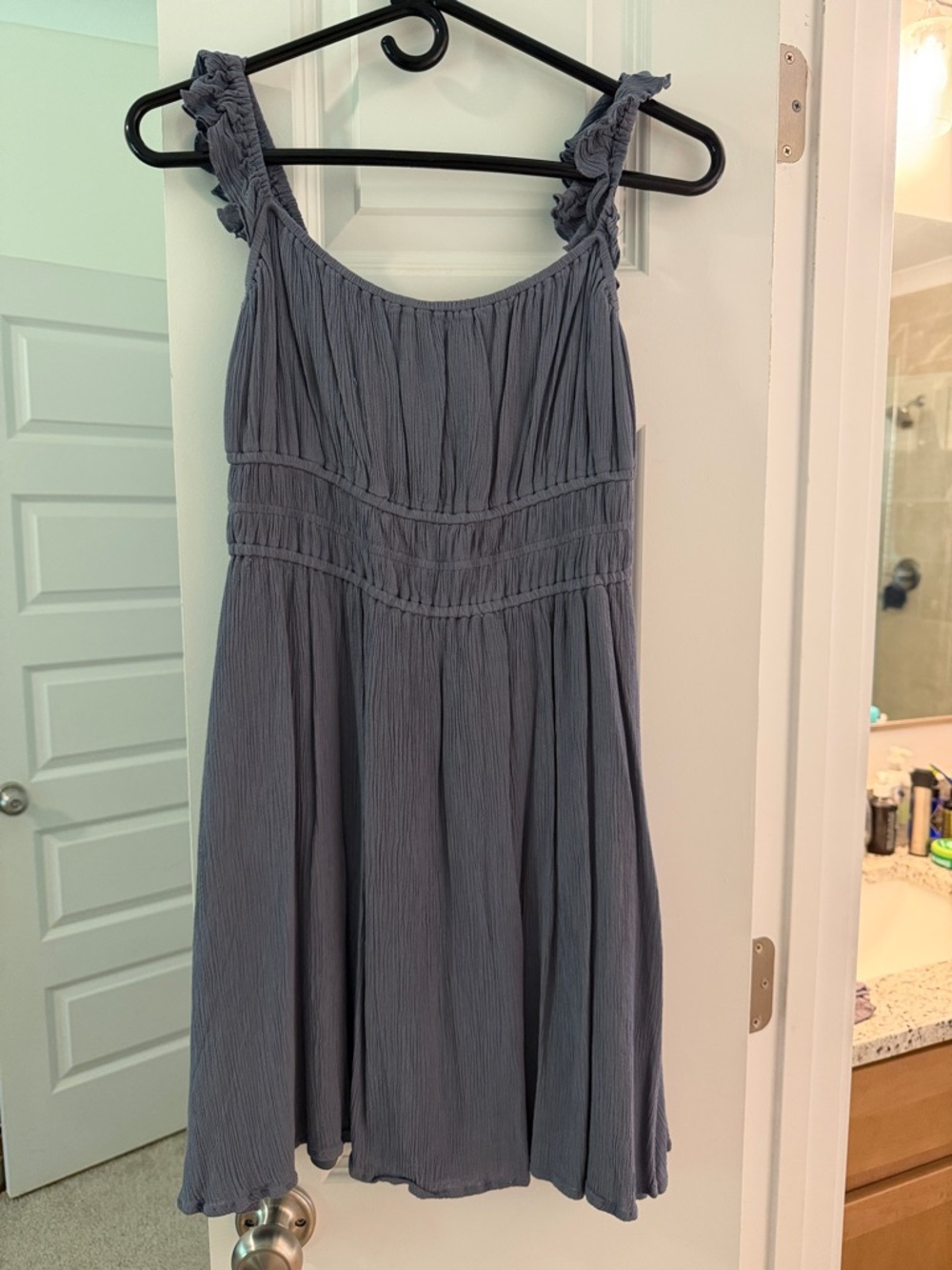 Altar'd State Slate Blue Ruffle Strap Mini Dress